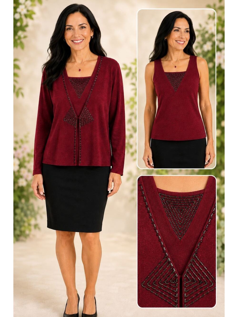 ALFANI Petite 100% Silk Burgundy Beaded Sweater Set Tank Cardigan Med Petite